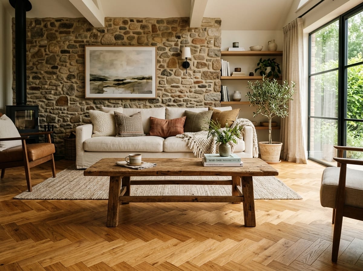 Salon avec parquet bois massif et mur en pierre