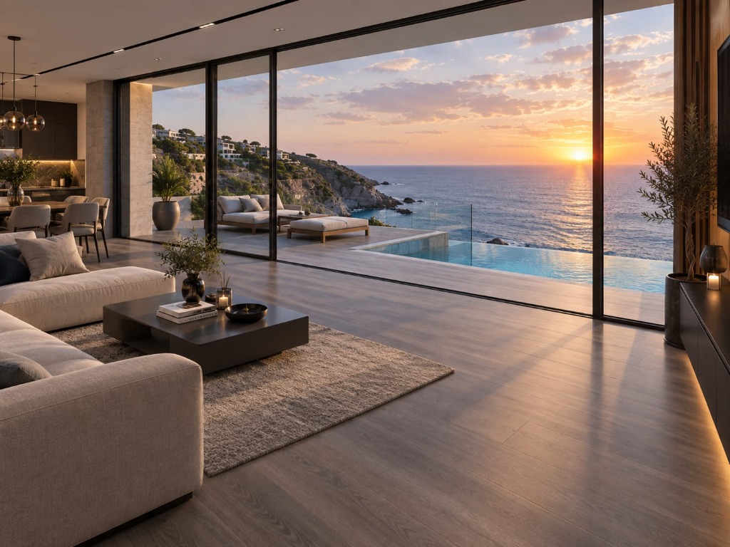 Luxury interior with ocean sunset view and Floor Masters LVT flooring