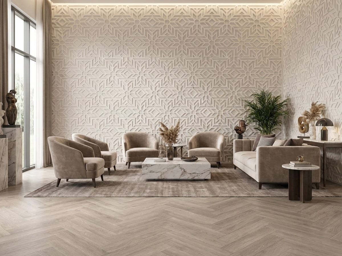 Salon avec panneaux muraux texturés et sol herringbone